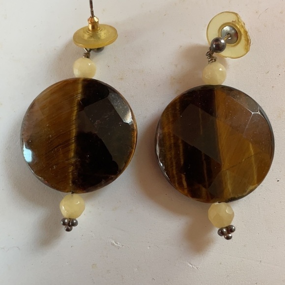 GENUINE Tiger’s Eye Drop Earrings w Cream Stone Large - Picture 2 of 5